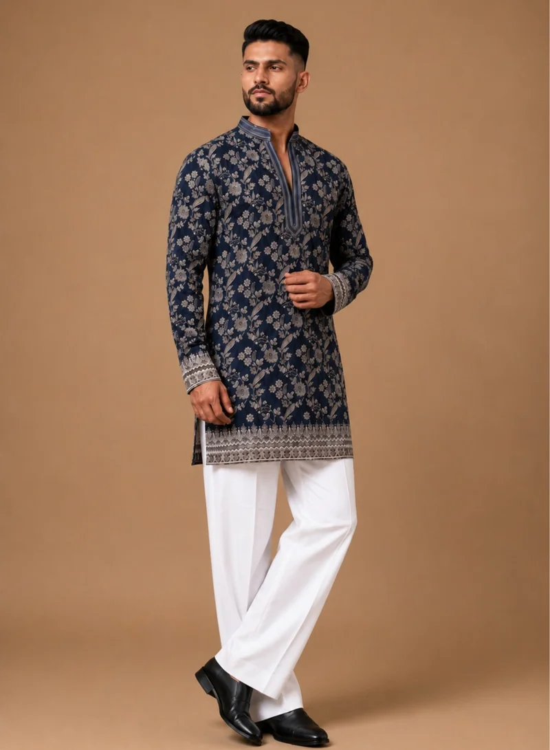 Lehar Midnight Blue Floral Embroidered Kurta Set with Relaxed Straight Pants