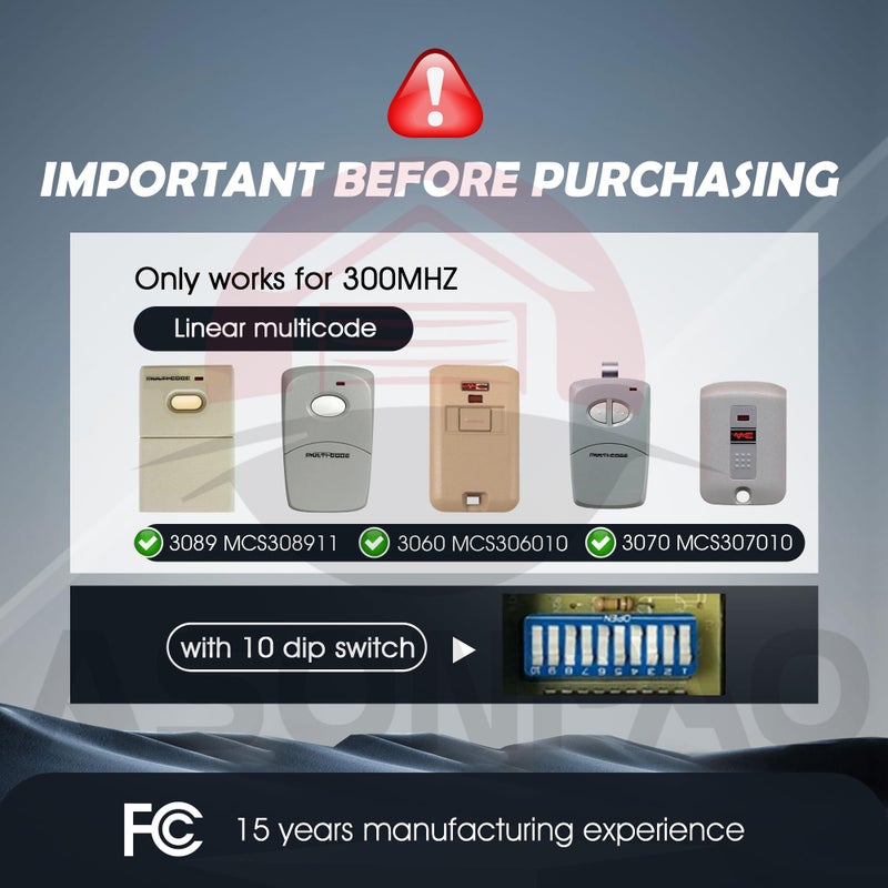 ASONPAO 3 X Multi-Code 3089 MultiCode 308911 Linear MCS308911, 300MHZ 10 Dip Switch Gate Opener Remote, Multi Code Garage Door Openerã€10-Year-Warrantyã€‘ - Image 2