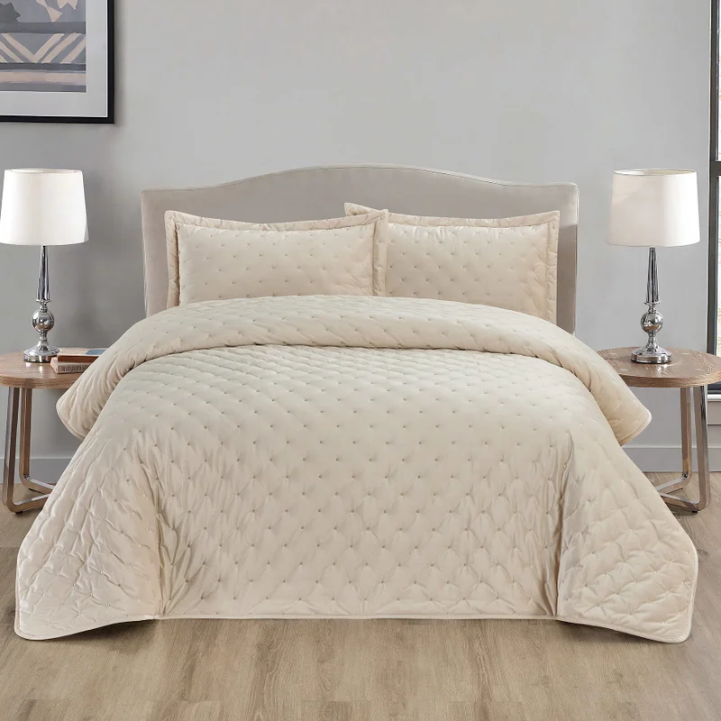 يسكن Dwell-Polka Bedspread - 3 Pc Set-Bedspread 260 x 240 CM Pillow case 50 x 80 CM-Beige
