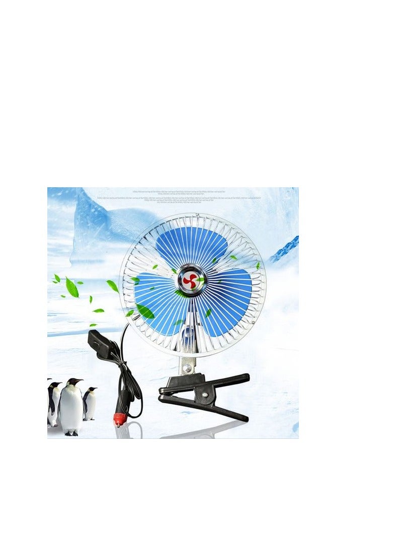 8-inch Blue And White Fan With Clip And Operating Button, Works On A 12-volt Car Lighter. - Image 1