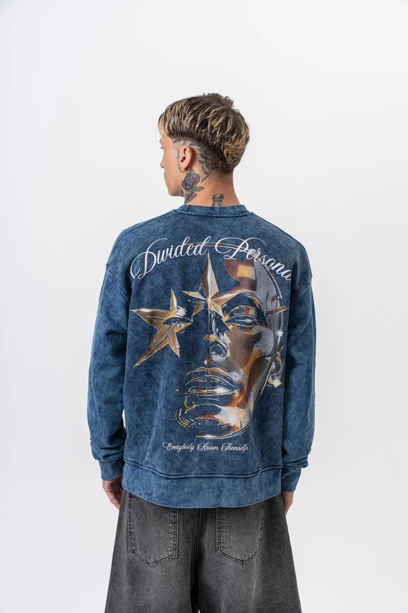 RESPIRE Men's Divided Printed Washed Crew Neck Oversize Sweatshirt Indigo