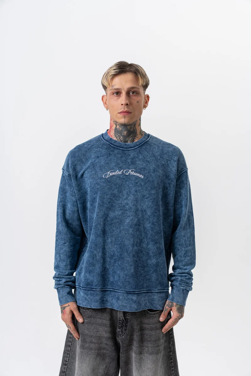 RESPIRE Men's Divided Printed Washed Crew Neck Oversize Sweatshirt Indigo