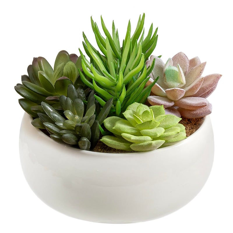 MyGift 6 Inch Round Modern Artificial Succulent Arrangement Potted in White Ceramic Plant Bowl, Assorted Faux Mini Succulents in a Decorative Planter Pot - Image 1