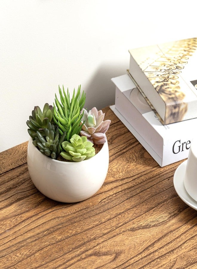 MyGift 6 Inch Round Modern Artificial Succulent Arrangement Potted in White Ceramic Plant Bowl, Assorted Faux Mini Succulents in a Decorative Planter Pot - Image 3