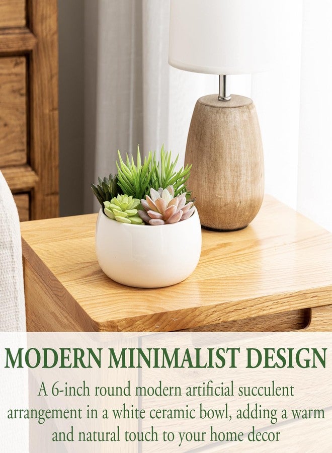 MyGift 6 Inch Round Modern Artificial Succulent Arrangement Potted in White Ceramic Plant Bowl, Assorted Faux Mini Succulents in a Decorative Planter Pot - Image 2