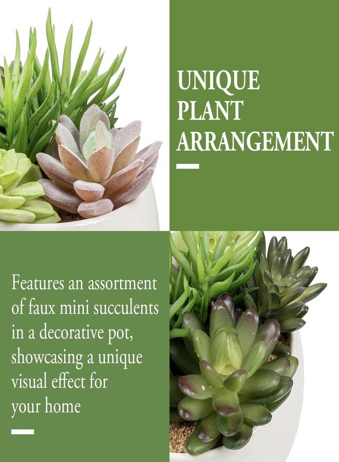 MyGift 6 Inch Round Modern Artificial Succulent Arrangement Potted in White Ceramic Plant Bowl, Assorted Faux Mini Succulents in a Decorative Planter Pot - Image 4