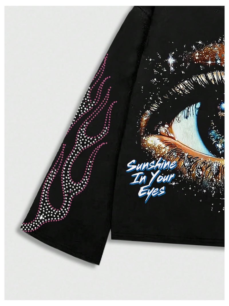 Verdusa Men's Rhinestone Graphic Tees Y2K Long Sleeve Tee Shirts Eye Print Crop Tops Hip Hop Streetwear Black Large - Image 2
