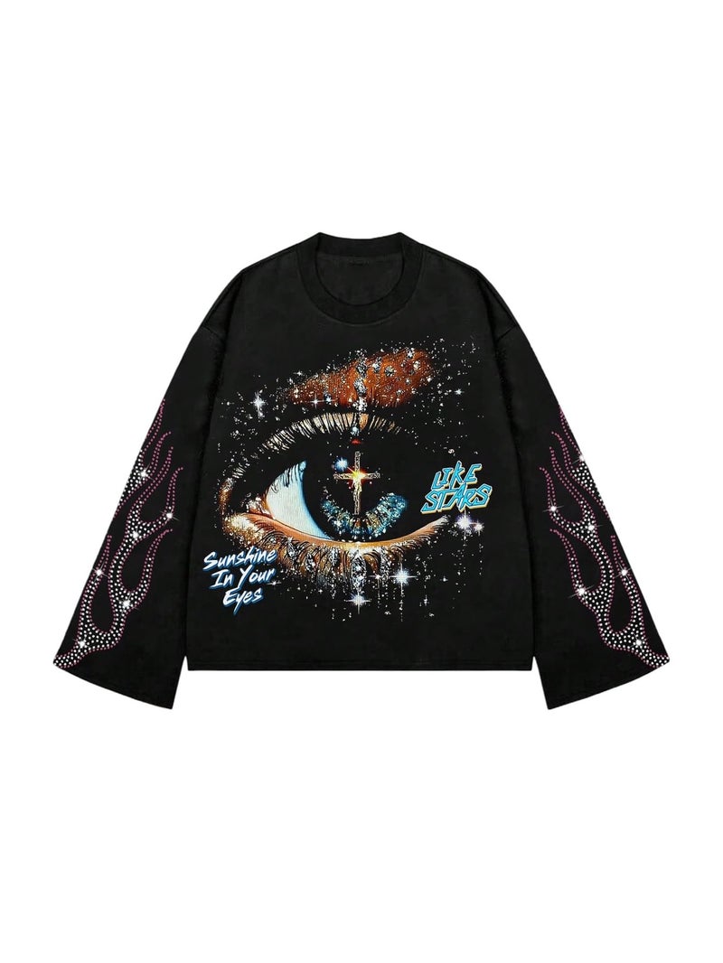 Verdusa Men's Rhinestone Graphic Tees Y2K Long Sleeve Tee Shirts Eye Print Crop Tops Hip Hop Streetwear Black Large - Image 1