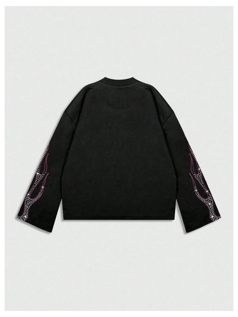 Verdusa Men's Rhinestone Graphic Tees Y2K Long Sleeve Tee Shirts Eye Print Crop Tops Hip Hop Streetwear Black Large - Image 3