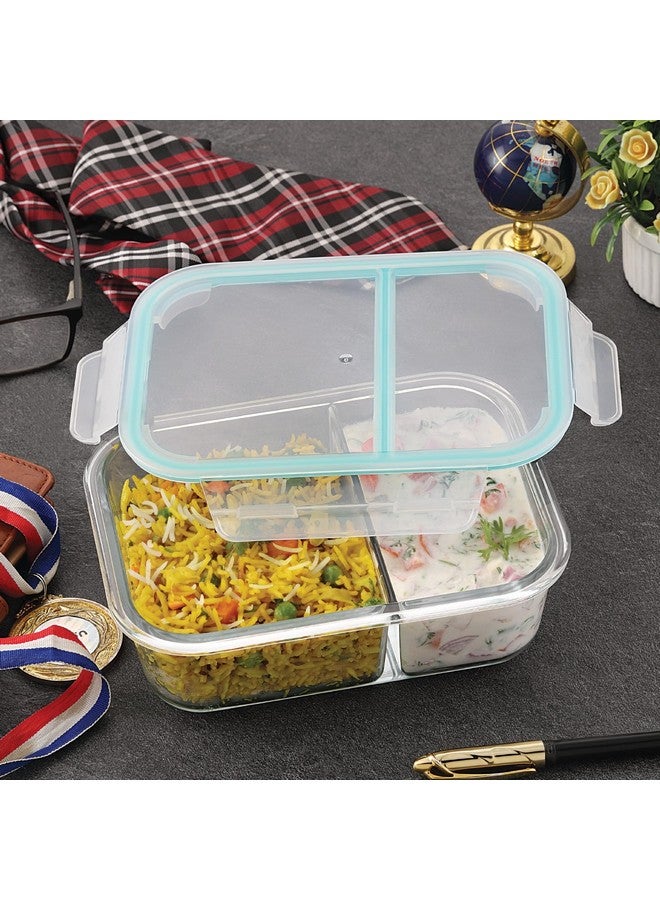 ATTRO Glassox Lunch Box with Two Compartment & Locking Lid Borosilicate Glass Container Microwave & Freezer Safe Air-Tight Leak-Proof 580Ml, Transparent - Image 2