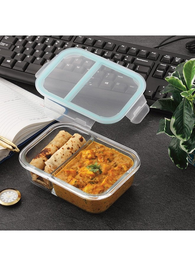 ATTRO Glassox Lunch Box with Two Compartment & Locking Lid Borosilicate Glass Container Microwave & Freezer Safe Air-Tight Leak-Proof 580Ml, Transparent - Image 3