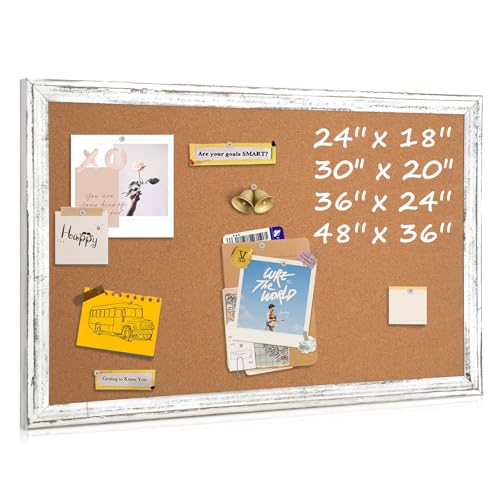 QUEENLINK Bulletin Board 36 x 24 Cork Board for Wall Rustic White Wooden Frame Hanging Pin Board for Home Office Decor 10 Push Pins
