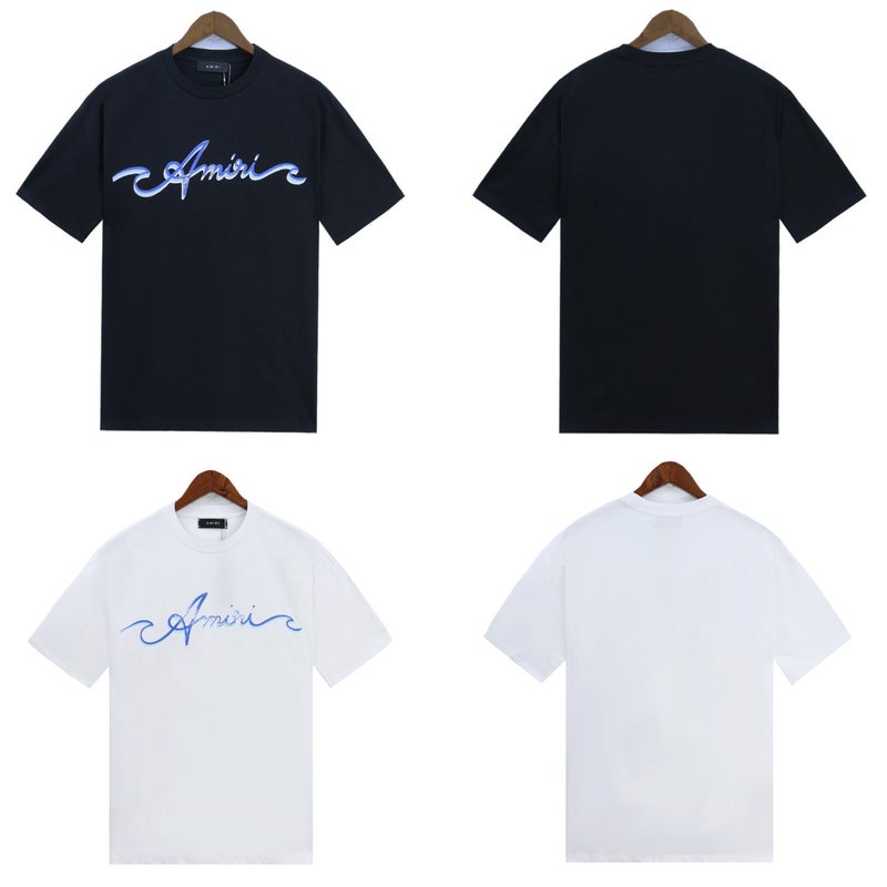 AMIRI Cotton Soft Knitted round Neck Short Sleeve T-Shirt Street Style Printed Logo Unisex Summer Breathable Casual Tee White  - Image 2