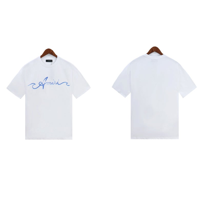 AMIRI Cotton Soft Knitted round Neck Short Sleeve T-Shirt Street Style Printed Logo Unisex Summer Breathable Casual Tee White  - Image 1