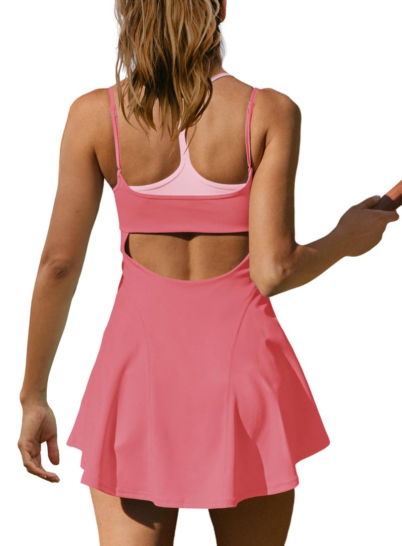 Yanekop Womens Tennis Dress with Built in Shorts and Bra Athletic Dresses Golf Outfits Spaghetti Strap Workout Dress(Dark Pink,M) - Image 4