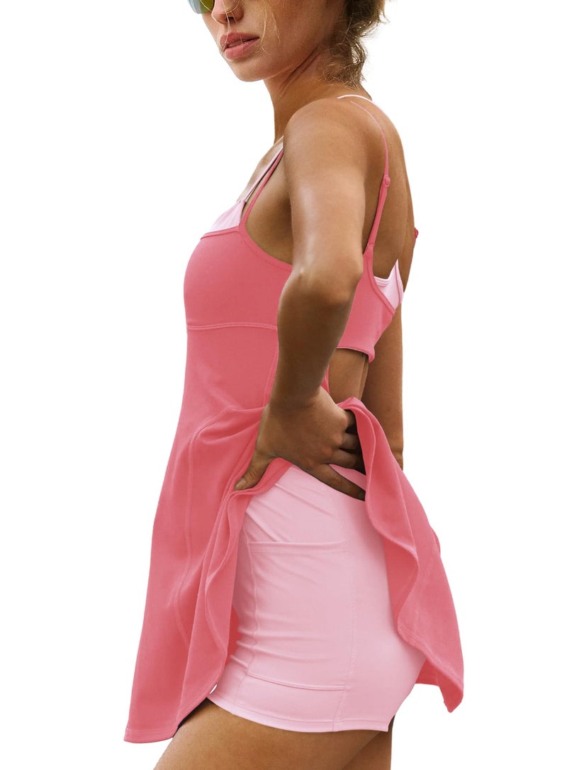 Yanekop Womens Tennis Dress with Built in Shorts and Bra Athletic Dresses Golf Outfits Spaghetti Strap Workout Dress(Dark Pink,M) - Image 2