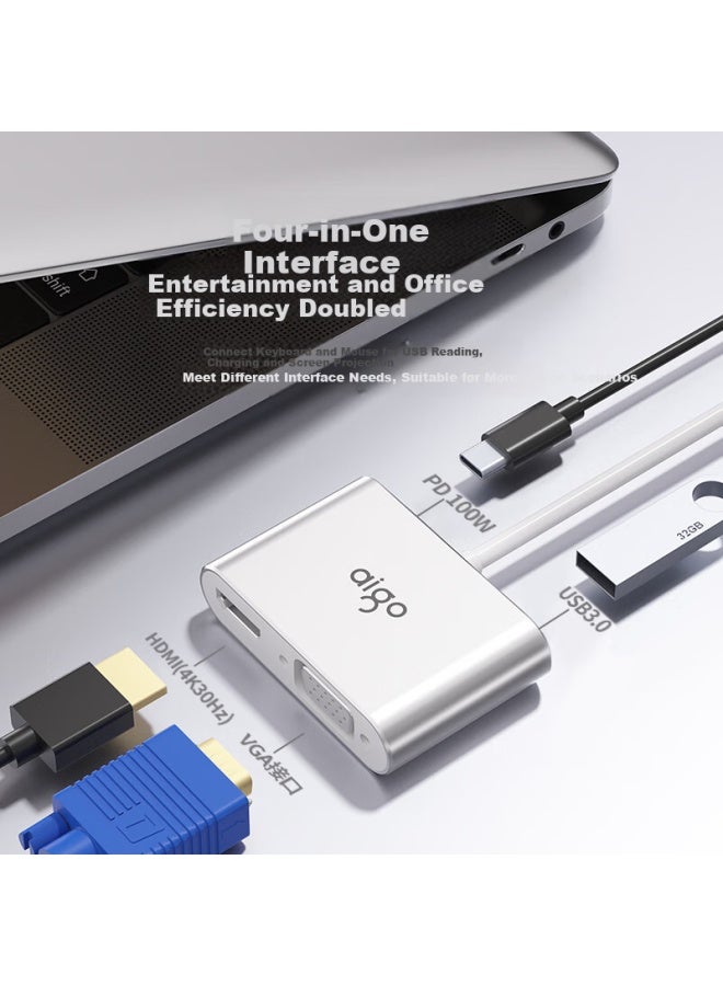 aigo Type-C Docking Station Usb Hub Splitter Hdmi/Vga Adapter 4K30Hz Converter Pd100W Laptop Docking Station Jz04 (Metal) - Image 4