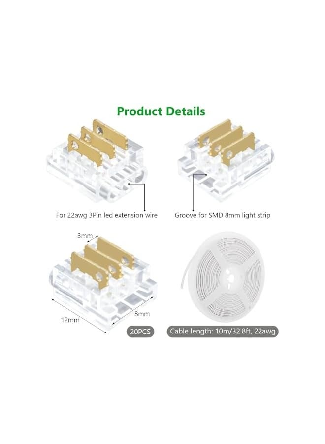 إيروريكس مجموعة شرائط LED ثلاثية الدبابيس 8 مم للاستخدام مرة واحدة - 20 قطعة موصلات ثلاثية الدبابيس 8 مم وسلك تمديد 32.8 قدم لشرائط LED WS2811 WS2812B غير المقاومة للماء، سهلة التركيب ومتينة - Image 3