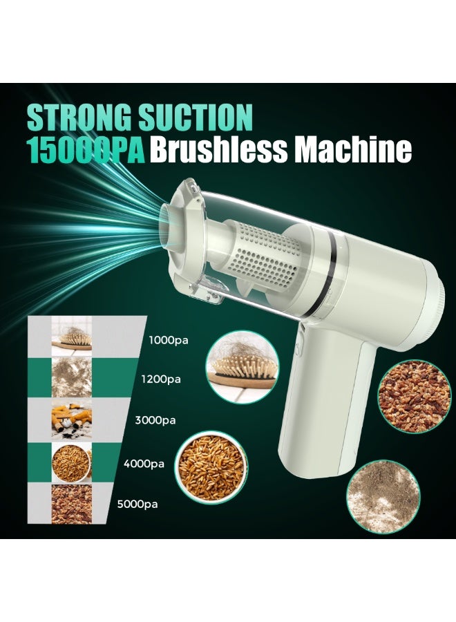 راحة ذكية مكنسة كهربائية لاسلكية لاسلكية ذكية راحلة 100 واط للسيارة، 15000 باسكال شفط قوي، بطارية 2000 مللي أمبير*3، 4 ملحقات لغبار شعر الحيوانات الأليفة في المنزل، أخضر - Image 3