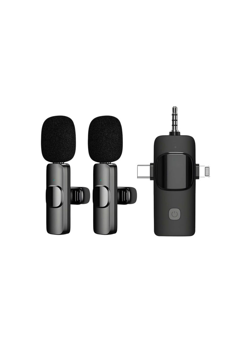 3-in-1 Wireless Lavalier Microphone Set for Smartphone, Laptop – Dual Mini Mics with Noise Reduction for Vlogging, YouTube, TikTok & Live Streaming