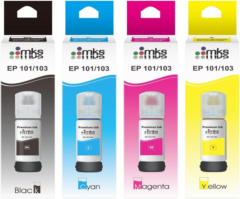 MKS Ink 103 (4X100ml) Black, Yellow, Cyan, Magenta for Epson Eco Tank L3110/L3111/L3150/L3156/L3160/L3210/L3211/L3250/L3251/L3252/L3256/L3260/L3266/L3550/L3560 /L5190/L5290/L5296/L5590/L11050 - Image 1