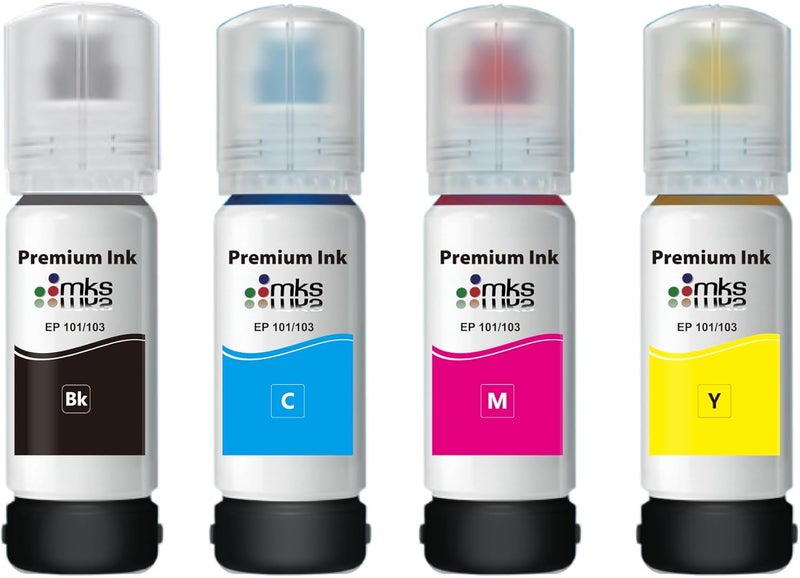 MKS Ink 103 (4X100ml) Black, Yellow, Cyan, Magenta for Epson Eco Tank L3110/L3111/L3150/L3156/L3160/L3210/L3211/L3250/L3251/L3252/L3256/L3260/L3266/L3550/L3560 /L5190/L5290/L5296/L5590/L11050 - Image 2