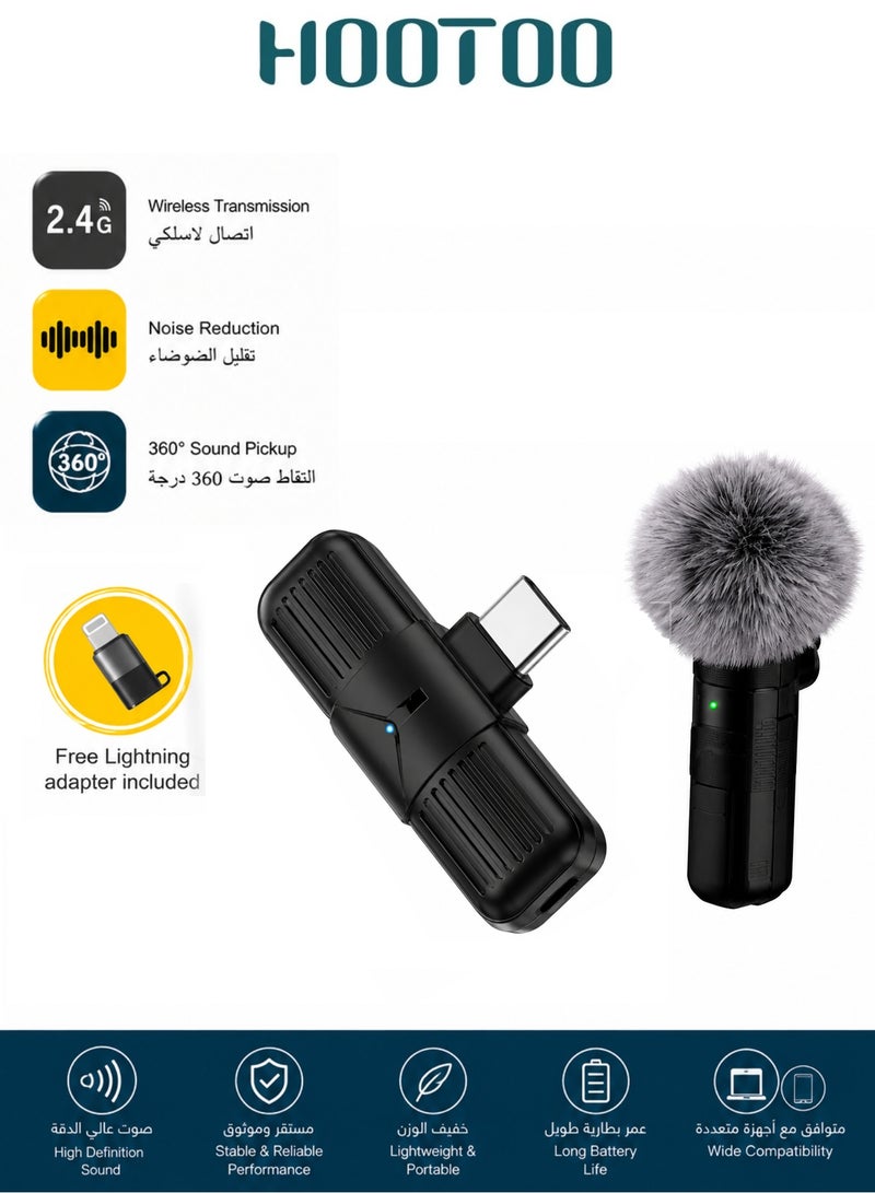 HooToo Mobile microphone with 2.4GHz wireless connectivity for seamless calls. It has a range of up to 20 meters. The wireless microphone features a 60mAh battery that lasts up to 4 hours. It's compatible with all phones, easy to use, and includes a Lightning adapter for iPhones. The microphone features ENC noise reduction technology. It's a lightweight, high definition vlogging microphone. - Image 1