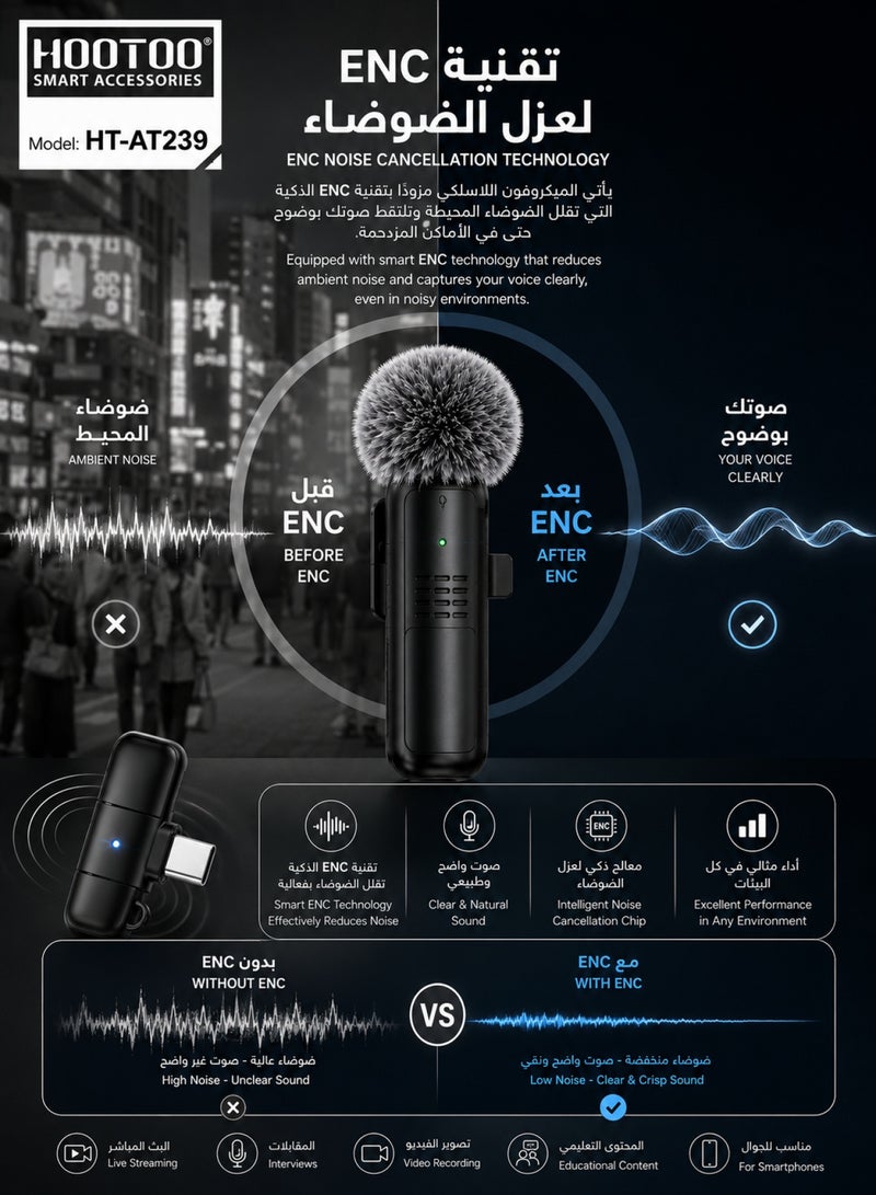 HooToo Mobile microphone with 2.4GHz wireless connectivity for seamless calls. It has a range of up to 20 meters. The wireless microphone features a 60mAh battery that lasts up to 4 hours. It's compatible with all phones, easy to use, and includes a Lightning adapter for iPhones. The microphone features ENC noise reduction technology. It's a lightweight, high definition vlogging microphone. - Image 4