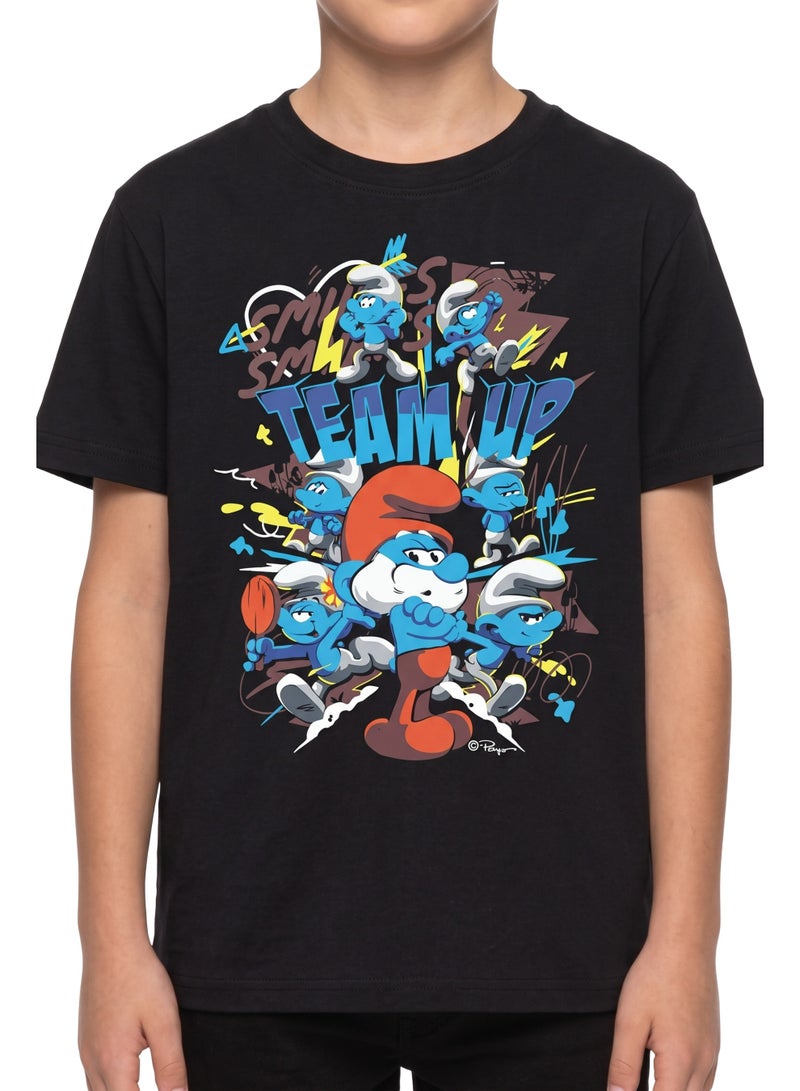 The Smurfs “Team Up” Boys Regular T-Shirt | Character Graphic Print Casual Crew Neck Cotton Tee - Image 4