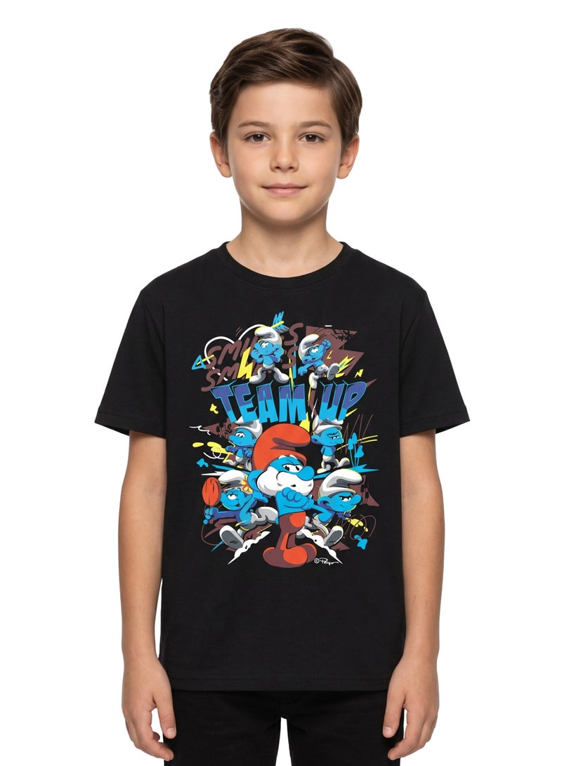 The Smurfs “Team Up” Boys Regular T-Shirt | Character Graphic Print Casual Crew Neck Cotton Tee - Image 1