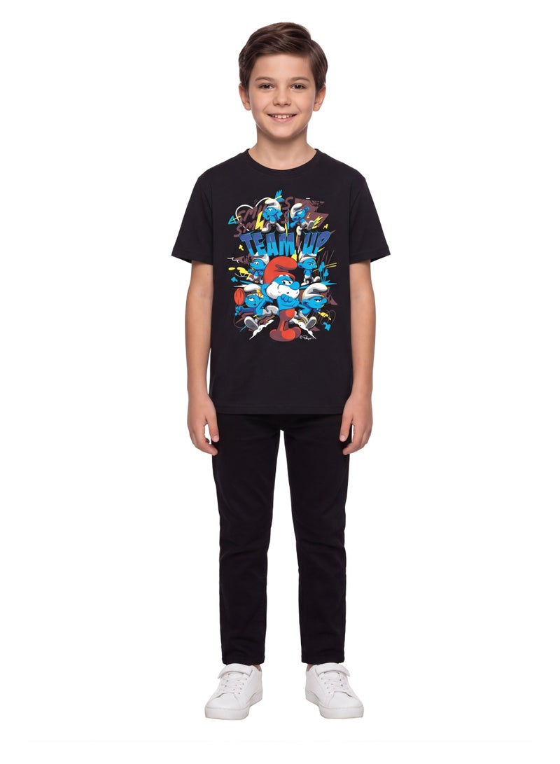The Smurfs “Team Up” Boys Regular T-Shirt | Character Graphic Print Casual Crew Neck Cotton Tee - Image 3