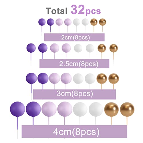 ASTARON 32 Pcs Ball Cake Topper Decorations Mini Balloons Cake Topper Sticks Foam Balls Cake Picks Cake Topper Balls Cake Decorations for Wedding Party Birthday Cake Decorating (Purple Gold) - Image 2