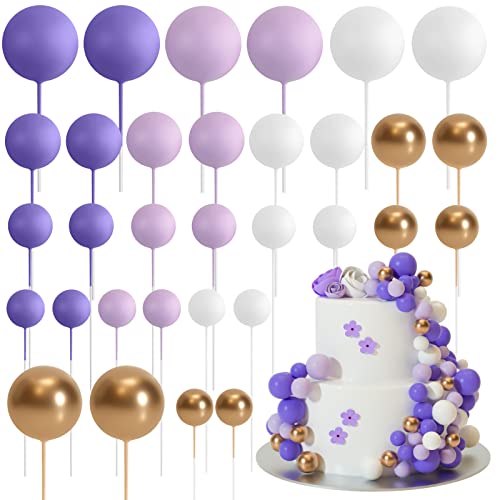 ASTARON 32 Pcs Ball Cake Topper Decorations Mini Balloons Cake Topper Sticks Foam Balls Cake Picks Cake Topper Balls Cake Decorations for Wedding Party Birthday Cake Decorating (Purple Gold) - Image 1