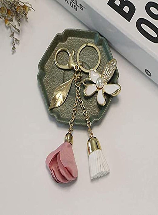 Rhinestone Flower Keychain for Women, Tassel Leaf Key Ring Pendant for Handbags and Wallets, Car Keys and Purse Accessories, Stylish Lanyard Charm for Everyday Use - Image 3