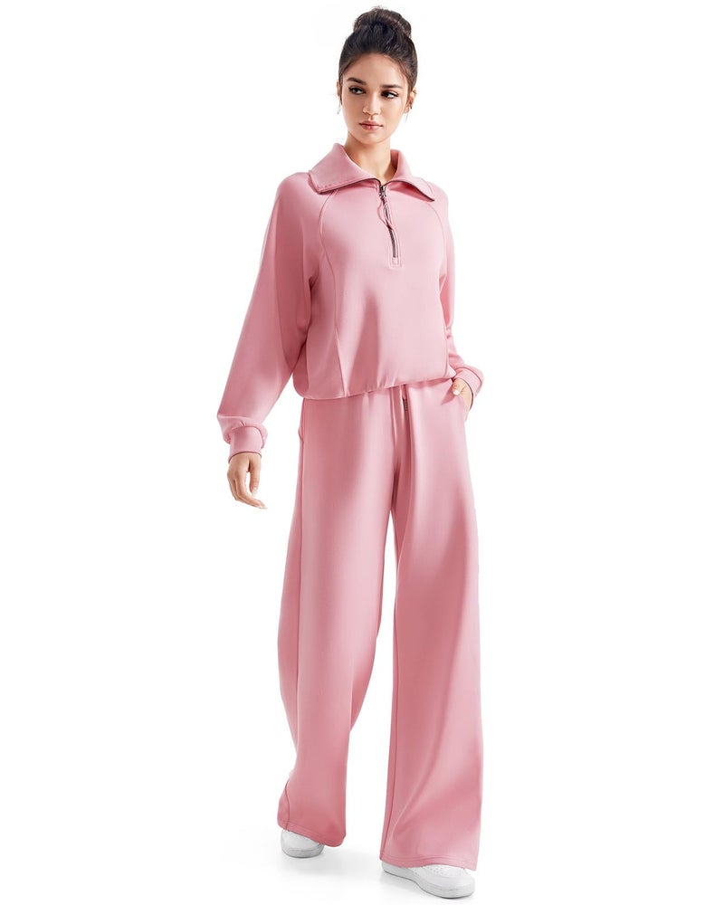 SUUKSESS Women 2 Piece Lounge Matching Sets Wide Leg Sweatpants Half Zip Oversized Sweatshirts (Pink, S) - Image 5