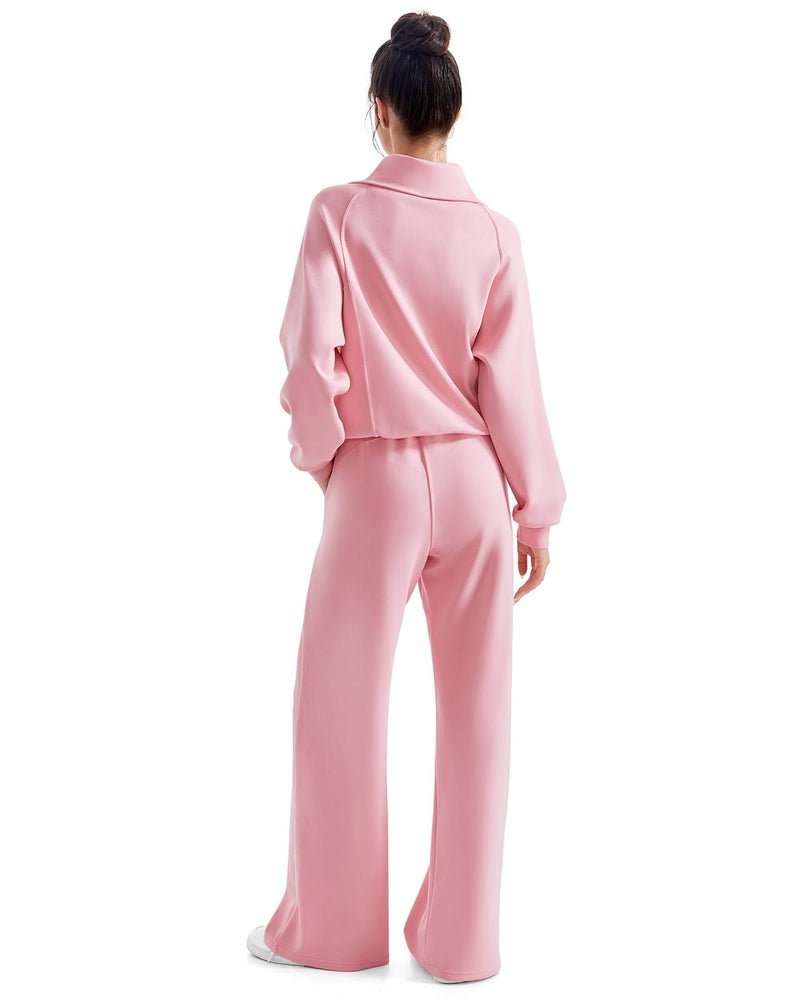 SUUKSESS Women 2 Piece Lounge Matching Sets Wide Leg Sweatpants Half Zip Oversized Sweatshirts (Pink, S) - Image 2