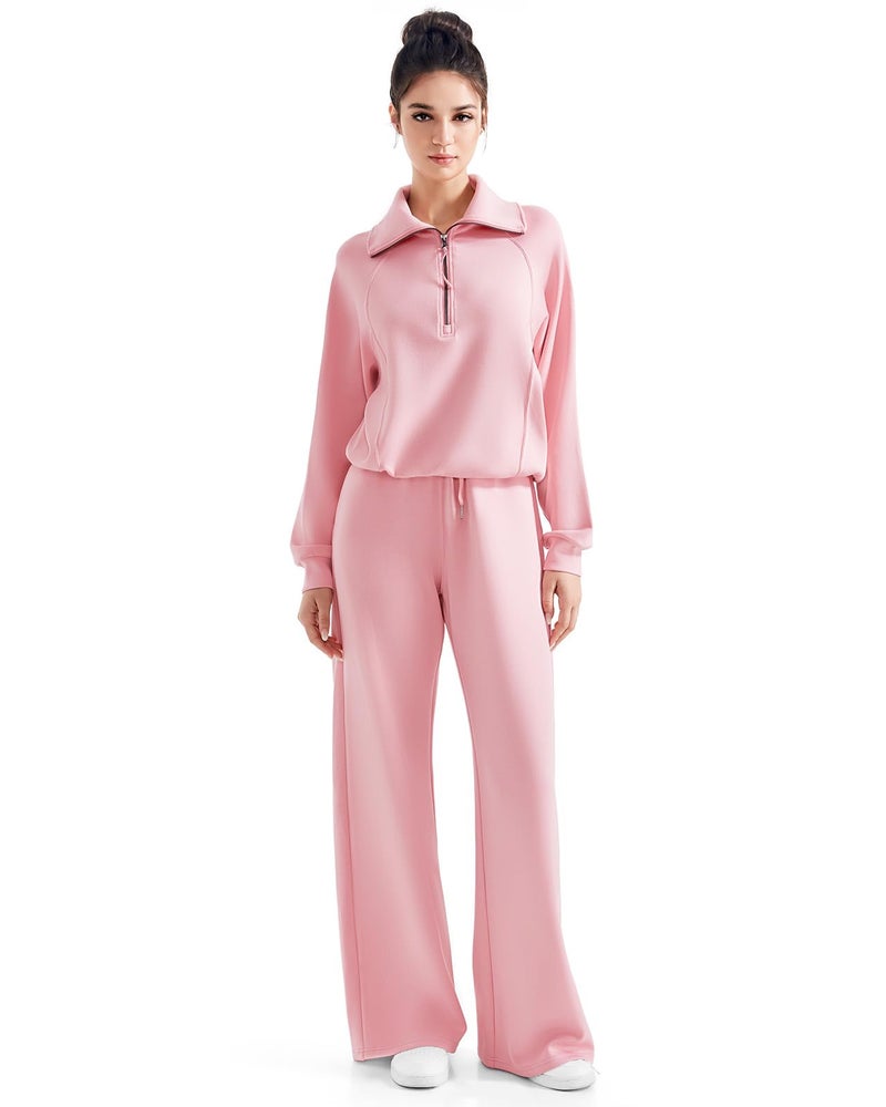 SUUKSESS Women 2 Piece Lounge Matching Sets Wide Leg Sweatpants Half Zip Oversized Sweatshirts (Pink, S) - Image 1