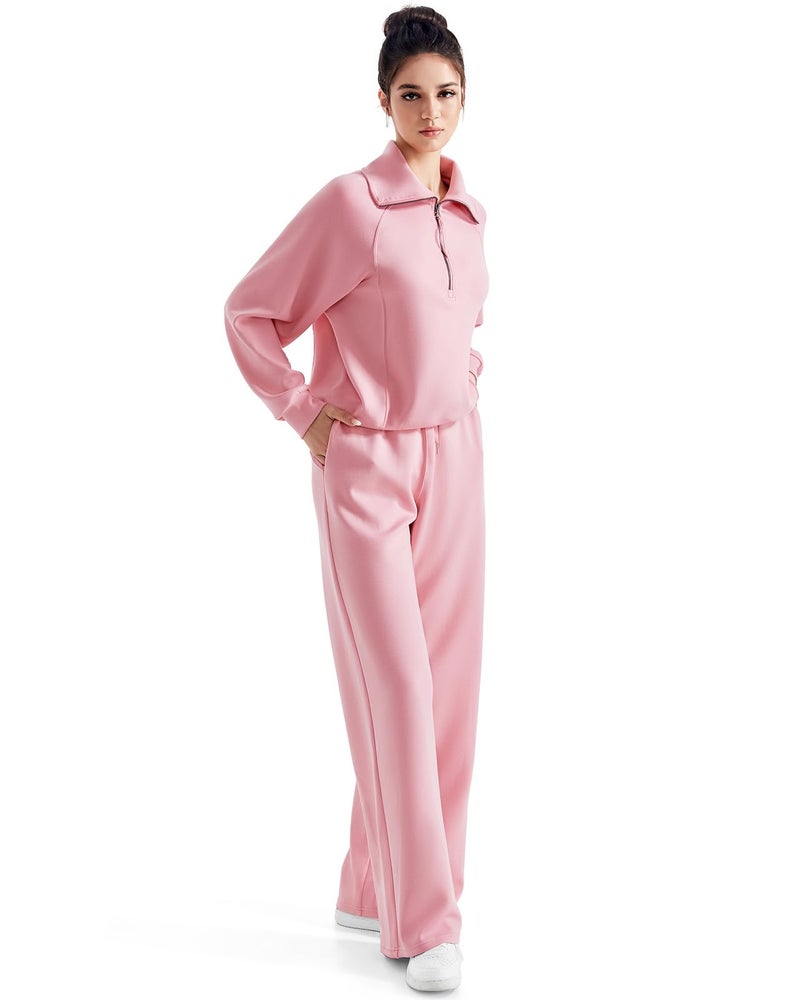 SUUKSESS Women 2 Piece Lounge Matching Sets Wide Leg Sweatpants Half Zip Oversized Sweatshirts (Pink, S) - Image 3