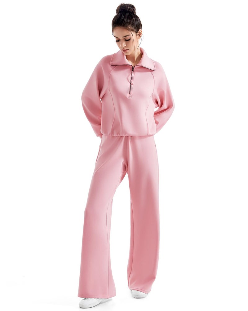 SUUKSESS Women 2 Piece Lounge Matching Sets Wide Leg Sweatpants Half Zip Oversized Sweatshirts (Pink, S) - Image 4