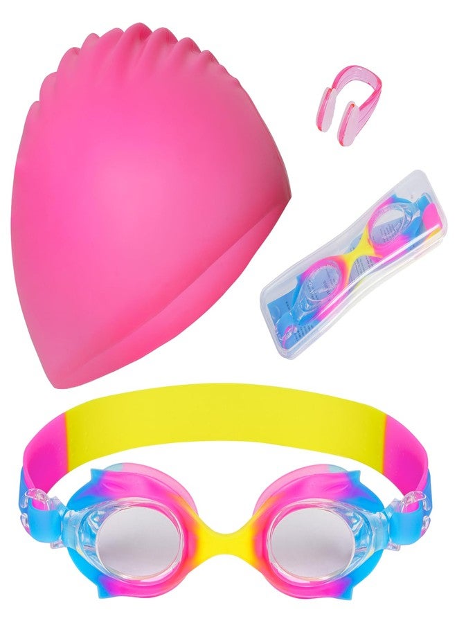 Tayfremn 3 Pieces Kids Swim Cap for Boys Girls Silicone Swimming Cap for Short Hair with Swimming Goggles and Nose Clip Pink Unisex Waterproof Bathing Caps for Age 3-15 Children Boys Girls(Pink) - Image 1
