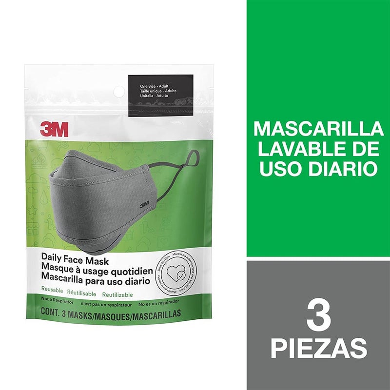 3M Daily Face Mask, Reusable, Washable, Adjustable Ear Loops, Lightweight Cotton Fabric, 3 Pack - Image 2
