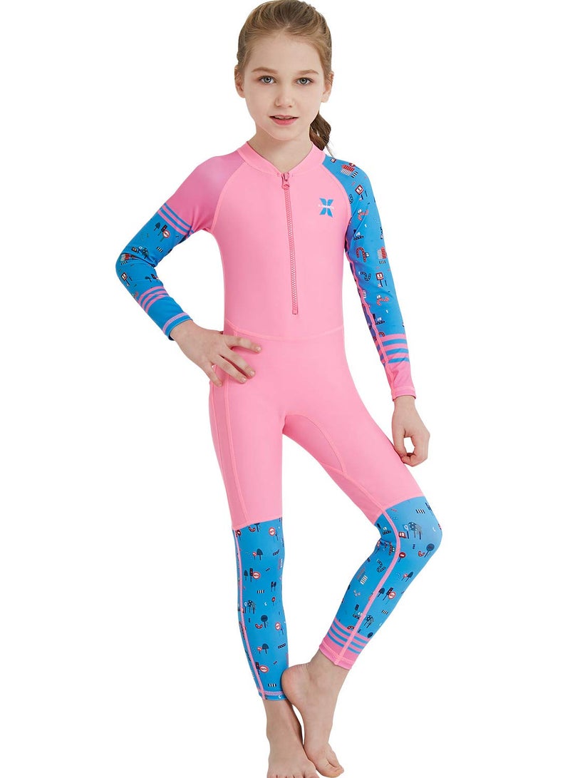 DIVE & SAIL Girls Sun Suit Long Sleeve UV Sun Protection Swimsuit One Piece Stretch Full Coverage Wetsuit Swimwear Pink XL - Image 2