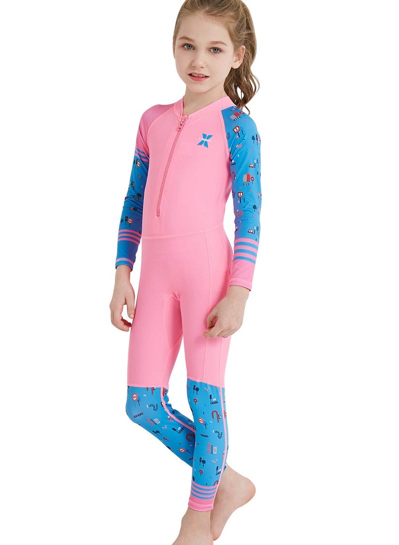 DIVE & SAIL Girls Sun Suit Long Sleeve UV Sun Protection Swimsuit One Piece Stretch Full Coverage Wetsuit Swimwear Pink XL - Image 3