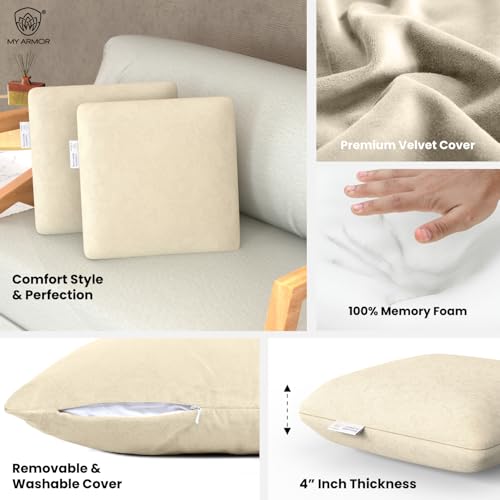 MY ARMOR Memory Foam Square Cushion for Car, Sofa/Diwan, Bed, Chair & Decoration | Highly Durable, Hypoallergenic | Velvet Cover | Cream, Pack of 2 [16"x 16" x 4"] - Image 2