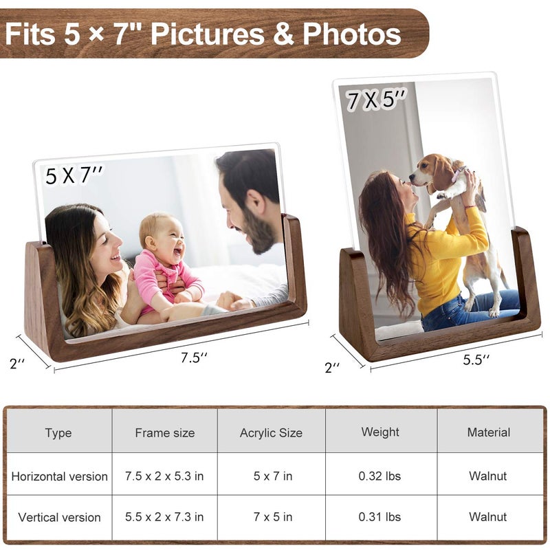 Mixoo 5x7 Picture Frame 2 Pack - Double Rustic Vintage Wooden Picture Frames 5x7 inch with Walnut Wood Base and High Definition Break Free Acrylic Glass Covers for Tabletop Desktop Display ( 5x7" Horizontal + Vertical) - Image 3