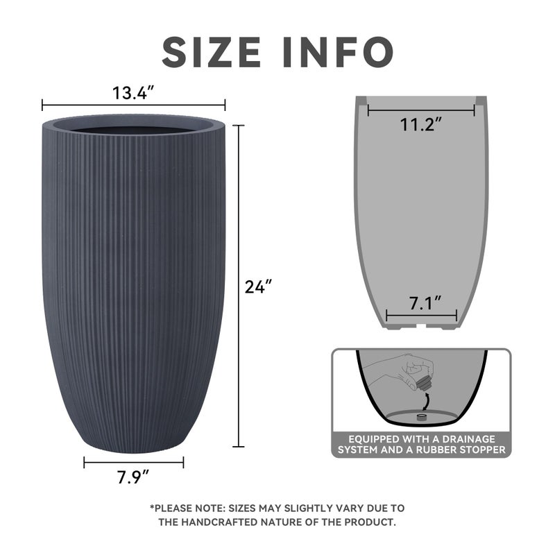 Kante 24 Inch Tall Round Concrete Planter, Large Indoor Outdoor Plant Pots with Drainage Hole and Rubber Plug, Modern Decorative Garden Pots for Home Patio Porch, Textured Charcoal - Image 2