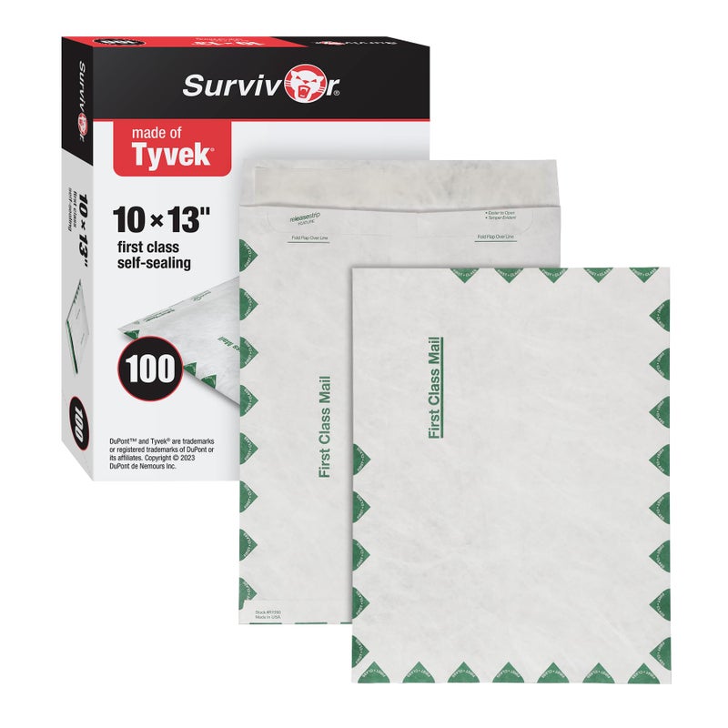 Quality Park R1590 Survivor Tyvek USPS First Class Mailer, 10 x 13, White, Pack of 100 - Image 1
