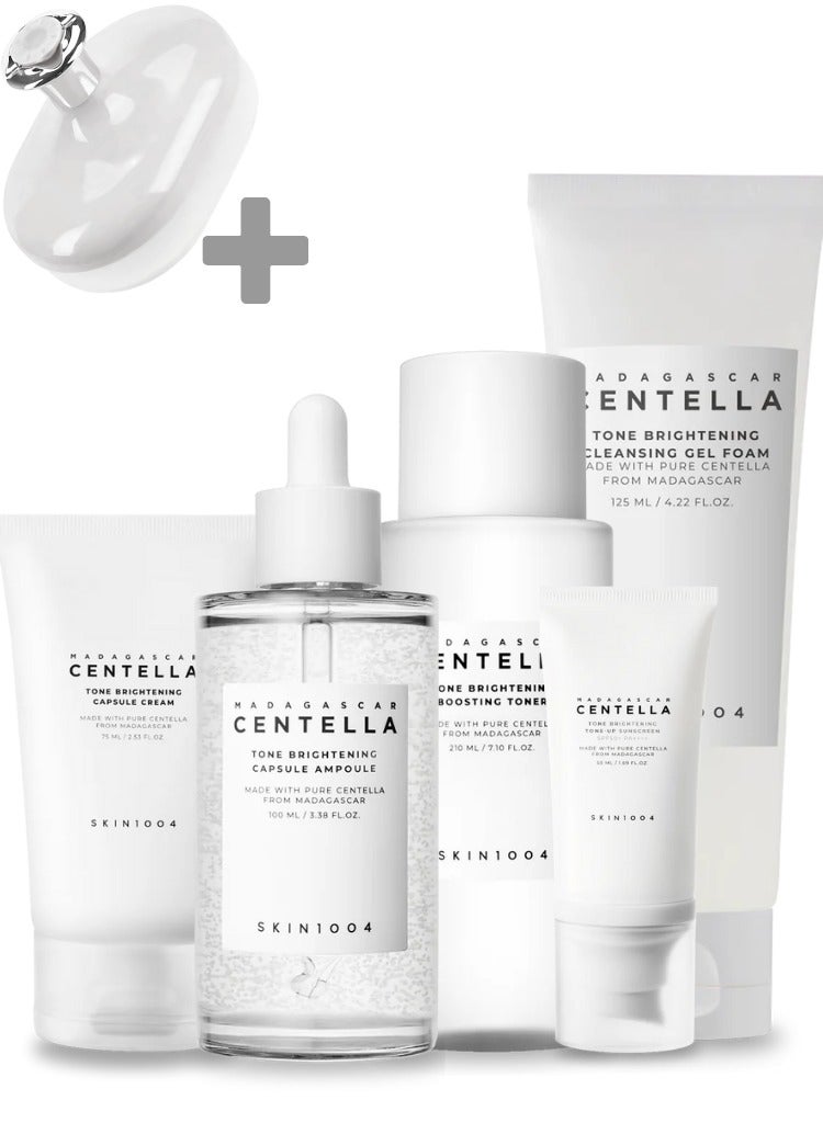 SKIN1004 Madagascar Centella Tone Brightening Boosting Pack – Foam Cleanser 125ml, Toner 210ml, Ampoule 100ml, Capsule Cream 75ml & Sunscreen 50m Set – Complete Hydrating & Brightening Skincare Routine And Face Scrubber 560ml - Image 1