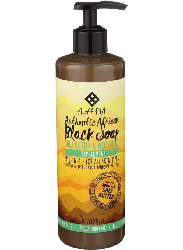 Alaffia Alaffia - Authentic African Black Soap, All-in-One Body Wash, Shampoo, and Shaving Soap For All Skin and Hair Types, Fair Trade, No Parabens, Non-GMO, No SLS, Peppermint, 16 Ounce 