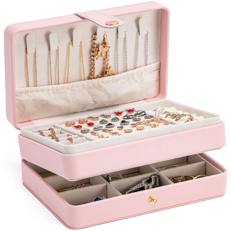 MODENGKONGJIAN Jewelry Organizer Box, 2-Layer Large Jewelry Storage Case, Portable Travel Jewelrys Display Holder for Earrings, Necklaces, Bracelets (Pink, PU Leather) - Image 1